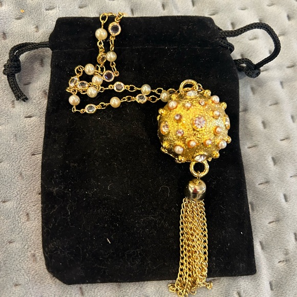 Vintage Leslie Block Pearl & Crystal Ball & Pearl Tassel w 36” Chain Nexklace - Picture 6 of 12